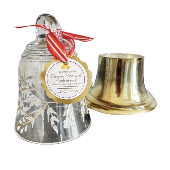 SALE  Etched Glass Bell Cloche Candle Pine Cedarwood Scented Soy Wax Gold Jar - Picture 2 of 11